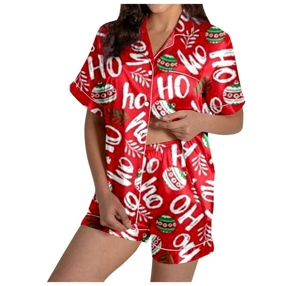 spring floral split short pajama sets for women cute printed sleep shorts Women's Christmas HoHo Snowflake Print Shorts & Short Sleeve Pajama Set
