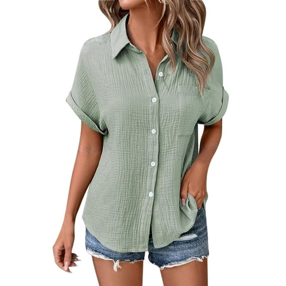 spring tops for women t-shirts for women "Women’s Solid Color Casual Batwing Sleeve Button Up Shirt"