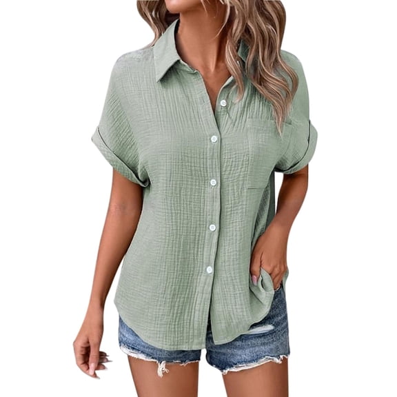 spring tops for women t-shirts for women "Women’s Solid Color Casual Batwing Sleeve Button Up Shirt"