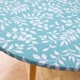 thumbnail image 1 of Springrain Round Leaf-Pattern Vinyl Tablecloth, Waterproof Flannel Backed Cover, Wipeable Elastic Edged, Aqua Blue with White Leaves, 48"/60", 1 of 7