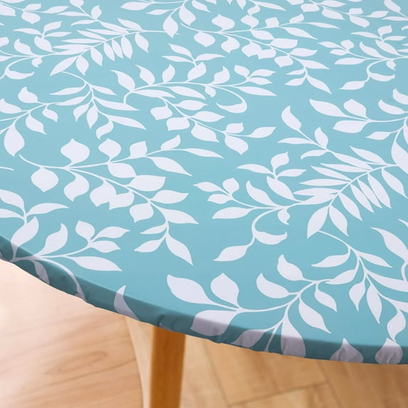Springrain Round Leaf-Pattern Vinyl Tablecloth, Waterproof Flannel Backed Cover, Wipeable Elastic Edged, Aqua Blue with White Leaves, 48"/60"