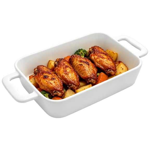 Large White Rectangular Ceramic Baking Dish with Dual Handles, 10.6 x 5.9 x 2.0 in, Oven Safe Long-Lasting Casserole Pan for Cheese Baked Rice, Home Kitchen Roasting, Gratin, Cooking Dinner