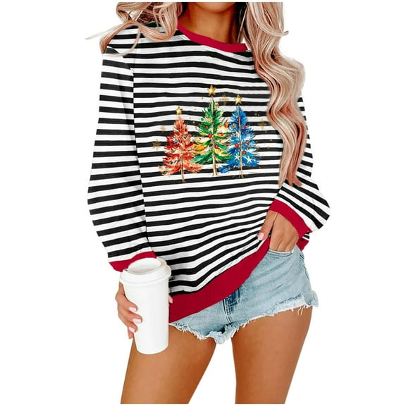 Enjoytime Women's Fall Clothes Christmas Striped Crewneck Pullover Sweatshirts Fall Winter Casual Long Sleeve Blouse Black S