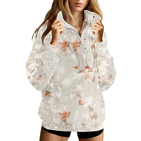 Enjoytime Winter Clothing for Women Printed Stand Collar Button Down Blouse Casual Long Sleeve Pullover Oversized Sweatshirt Beige XXL