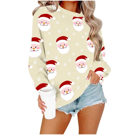 Enjoytime Fall Clothes for Women 2025 Printed Long Sleeve Pullover Tops Xmas Holiday Casual Crewneck Sweatshirt Beige XXL