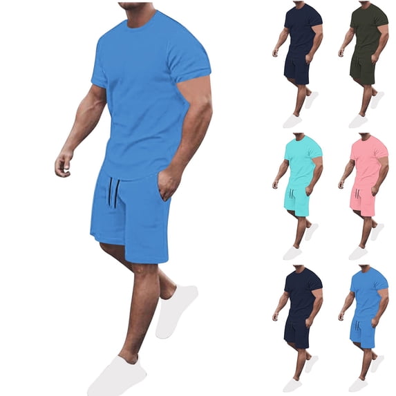 SROBPTY Mens Outfit Set Solid 2 Piece Crew Neck Short Sleeve Shirt Breathable Sports Shorts for Summer Use