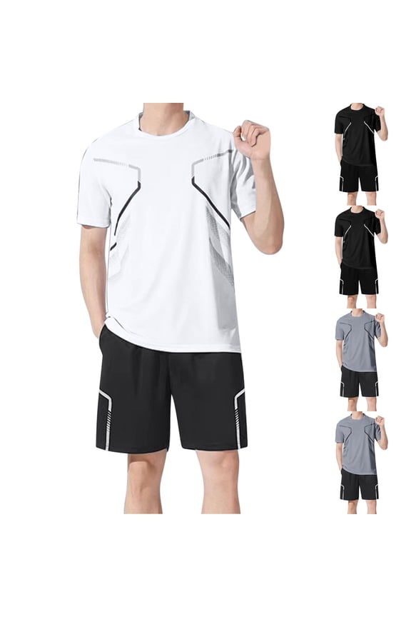 Mens Summer 2 Piece Set Crew Neck Short Sleeve Shirt and Shorts for Sports and Daily Wear