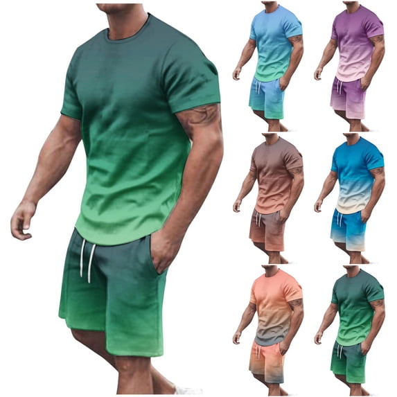 srobpty Mens Summer 2 Piece Set Print Gradient Crew Neck Tee and Shorts for Daily Outfits