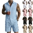 thumbnail image 1 of srobpty Mens Summer 2 Piece Set Solid Linen Pocket Elastic Waist Shorts Button Shirt for Beach Wear, 1 of 5