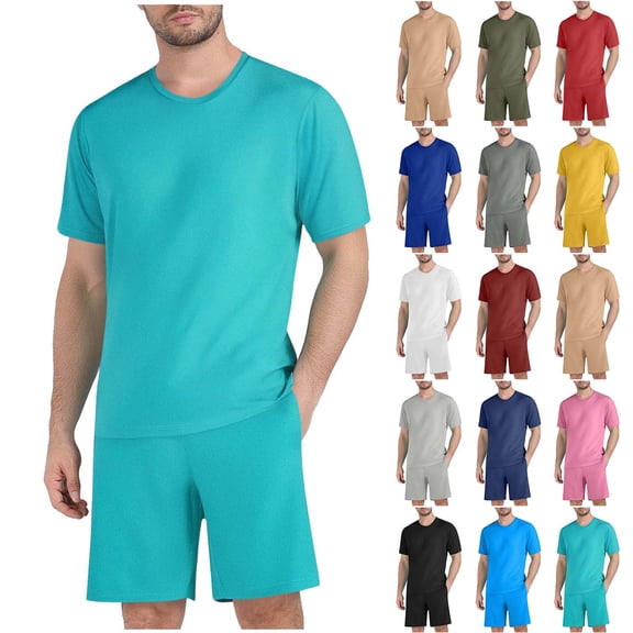 srobpty Mens Summer 2 Piece Set Solid Workout Pocket Drawstring Shorts Crew Neck Shirt for Beach Wear