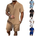thumbnail image 1 of srobpty Mens Summer 2 Piece Set Stand Collar Button Short Sleeve Shirt Elastic Waist Shorts for Use, 1 of 4