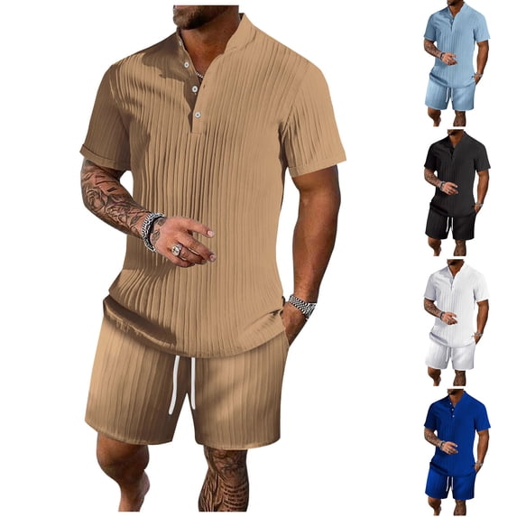 srobpty Mens Summer 2 Piece Set Stand Collar Button Short Sleeve Shirt Elastic Waist Shorts for Use