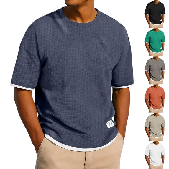 SROBPTY Mens T-Shirts Solid Round Neck Short Sleeve Layered Breathable Summer Tops for Everyday Wear