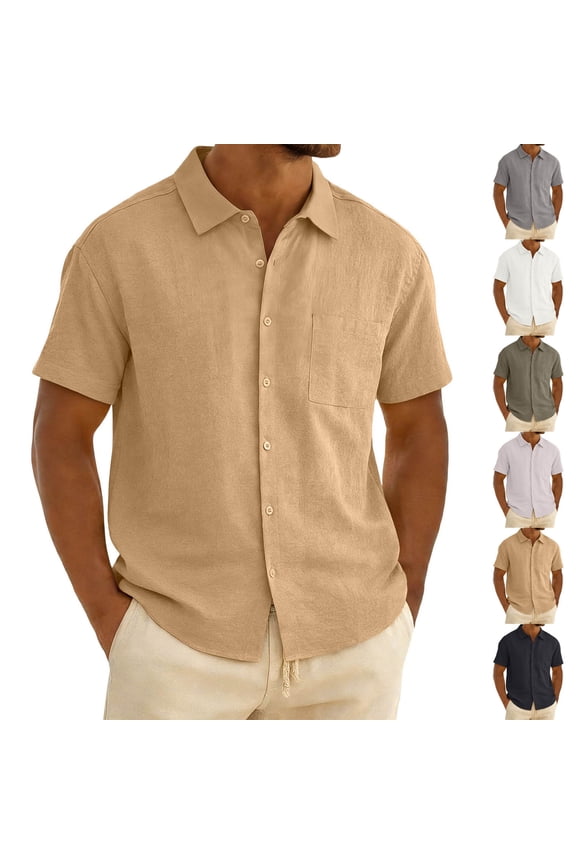 Mens T-Shirts Solid Turn Down Neck Short Sleeve Button Front with Pockets Summer Tops for Daily Wear