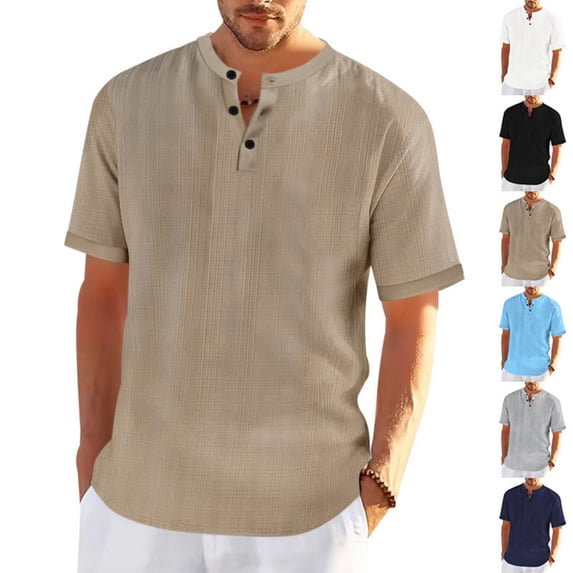 SROBPTY Mens T-Shirts Solid Short Sleeve V Neck Button Breathable Relaxed Casual Summer Tops for Daily Wear