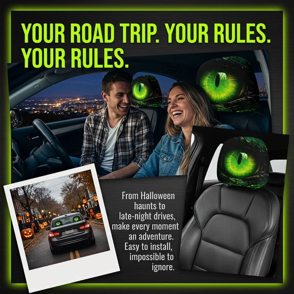 sruoe 2 Pack Terrifying Eyeball Car Headrest Covers, Stretch Polyester Headrest Protectors, Spooky Halloween Car Interior Decor, Creepy Eye Pattern Auto Seat Accessory For Road Trip & Night Driving