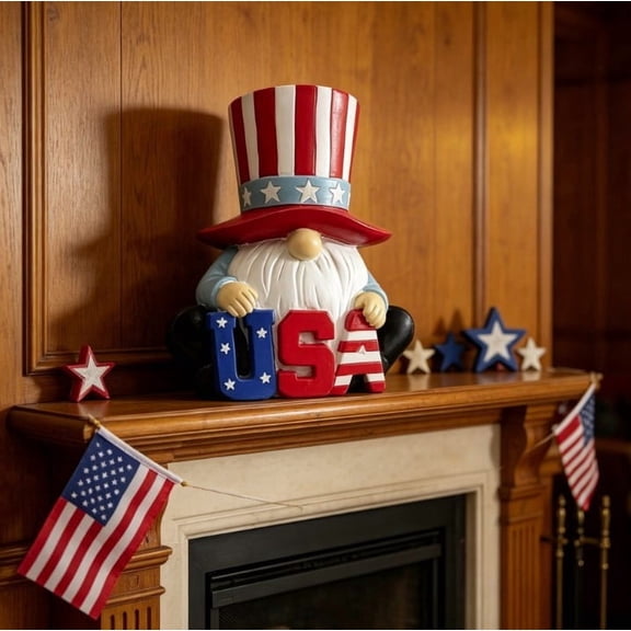 sruoe 4th of July Decor, Patriotic USA Letter Gnome Resin Figurine, Red White Blue Uncle Sam Hat Dwarf Statue, Independence Day Farmhouse Mantel Tabletop Home Decor, Desktop Ornament