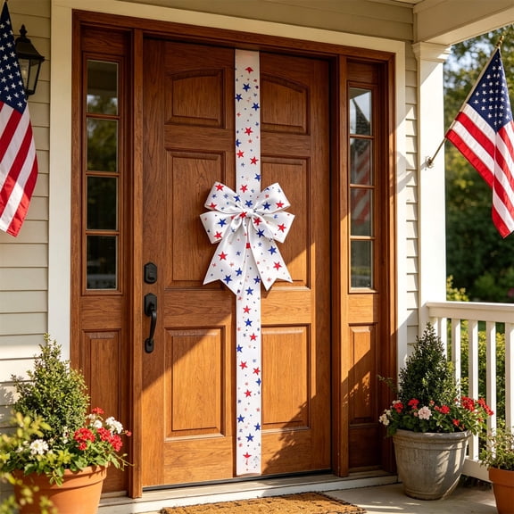 sruoe 4th of July Large Bow, 26.37 Inch Patriotic Bow, White Red Blue Star Print Ribbon Bow, Bow Decor for Independence Day Memorial Day Front Door Mailbox Mantel Porch Holiday Decor