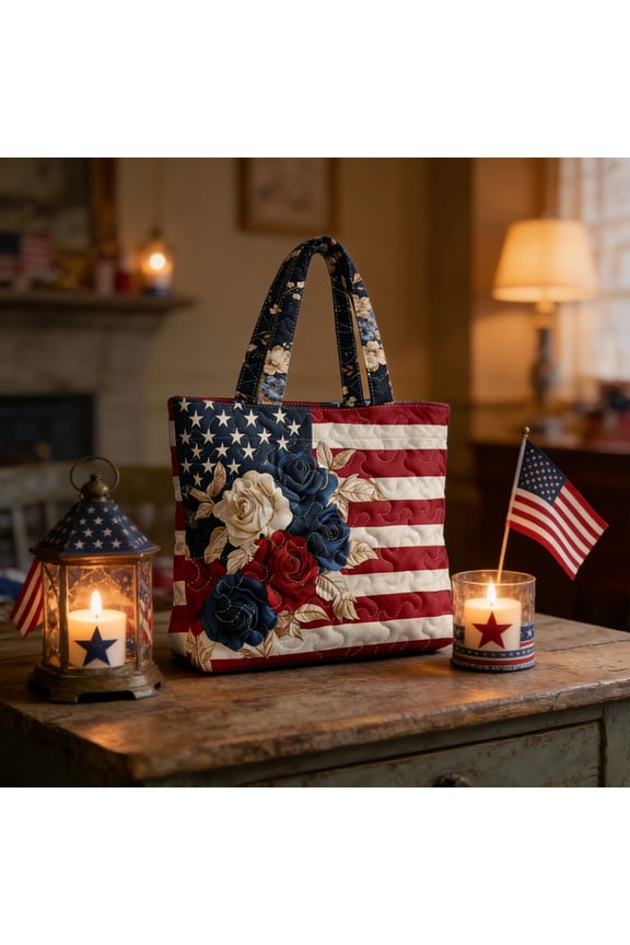 4th of July Patriotic Quilted Tote Bag, American Flag Multicolor Polyester Handbag, Large Capacity Tote with Bluebonnet/Eagle/Bow Designs for Independence Day, Parades and Summer Use