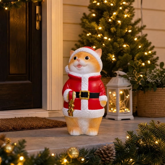 sruoe 7.87 Christmas Santa Resin Figurine Cute Orange Tabby In Santa Outfit Tabletop Statue Holiday Porch Mantel Home Indoor Decor