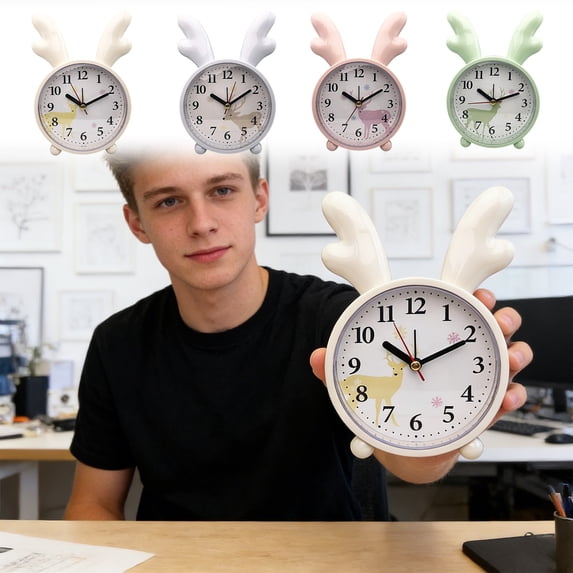sruoe Alarm Clock with Cute Deer Antler, Silent Bedside Clock with Gentle Wake-Up, Alarm Clock Pink with Battery Operated, Bedside Alarm Clock for Kids Bedroom, Study Room Decor