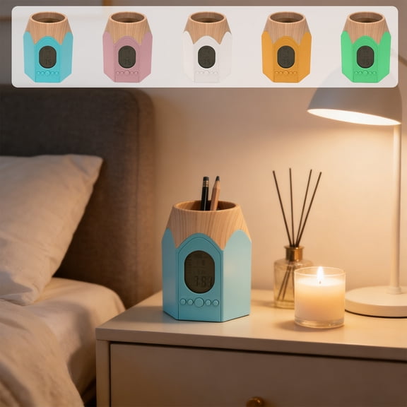 sruoe Alarm Clock, Pencil Shaped Pen Holder Alarm Clock, Desktop Organizer with Digital LCD Display, Compact Desk Clock and Storage for Study, Bedroom & Office, Battery Operated