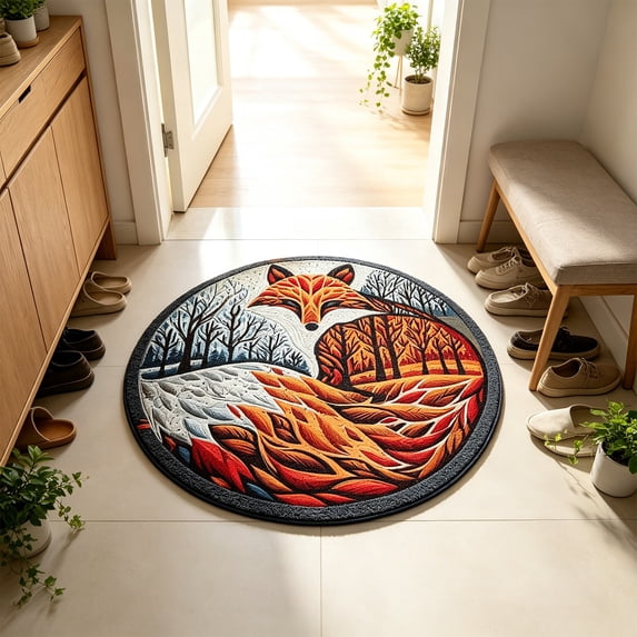 sruoe Animal Decorations 3D Visual Round Floor Mat, Illusion Printed Circular Area Rug, Forest Fox Wilderness Home Decor Accent Rug for Pantry Stair Landing Lounge