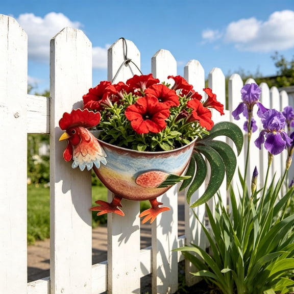 sruoe Animal Iron Hanging Railing Planter, Pig & Rooster Shaped Painted Metal Flower Pot, Rustic Country Style Hanging Plant Bucket for Garden Fence Balcony Patio Backyard Farmhouse Outdoor Decor