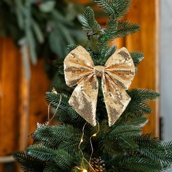 sruoe Christmas Bows, Christmas Tree Decorations, Christmas Tree Bows and Ribbons, Indoor Outdoor Tree Decoration, Hanging Christmas Bows for Wreaths, Tree Gift Present Decoration, Gold