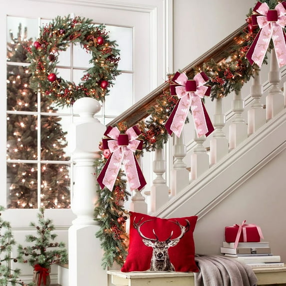 sruoe Christmas Bows, Christmas Tree Decorations, Christmas Tree Bows and Ribbons, Indoor Outdoor Tree Decoration, Hanging Christmas Bows for Wreaths, Tree Gift Present Decoration, Pink