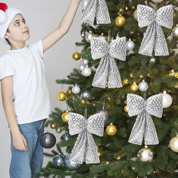 sruoe Christmas Bows, Christmas Tree Topper Bow, Wreath Bows Xmas Ornaments, Christmas Tree Accessories, Indoor Outdoor Hoiday Decor, Long Streamer Ribbon for Farmhouse Christmas Decoration, Silver