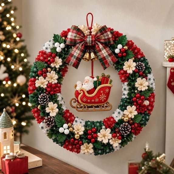 sruoe Christmas Fabric Poke Wreath DIY Kit Hand Made Holiday Wreath Crafts Set with Ornaments Instruction Guide and Poke Tool for Indoor Xmas Wall Door Hanging Decor Christmas Decor