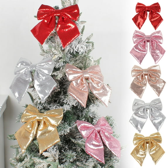 sruoe Christmas Tree Bows Ribbon, Christmas Tree Decorations Indoor, Xmas Tree Bowknot Ornaments, Wreath, Sequined Bow, Hanging Christmas Tree Topper for Wedding Holiday Party Decoration, Silver
