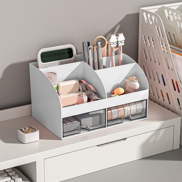 sruoe Desktop Storage Box, Office Desk Organizer with Drawer, Desk Organizers and Accessories, Small Storage Boxes, Capacity Pen Holders, Multifunctional Cosmetic Stationery Sundry Organizer