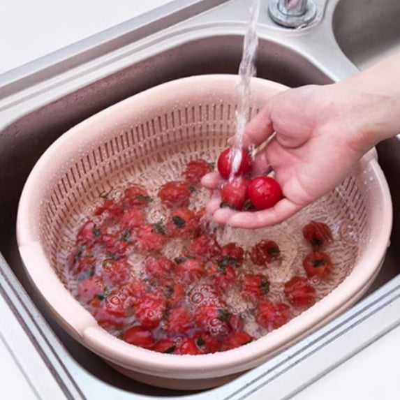 sruoe Draining Basket, 2 In 1 Container with Draining Basket, Fruit Vegetable Wash Basket, Kitchen Double Layered Drain Basket Bowl Washing Colander, Basket for Hosehold, Living Room, Plastic