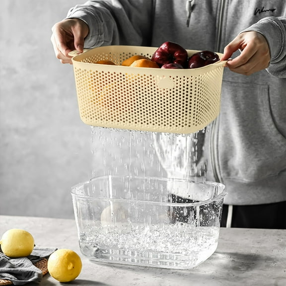 sruoe Draining Basket, 2 In 1 Container with Draining Basket, Fruit Vegetable Wash Basket, Kitchen Double Layered Drain Basket Bowl Washing Colander, Basket for Hosehold, Living Room, Plastic