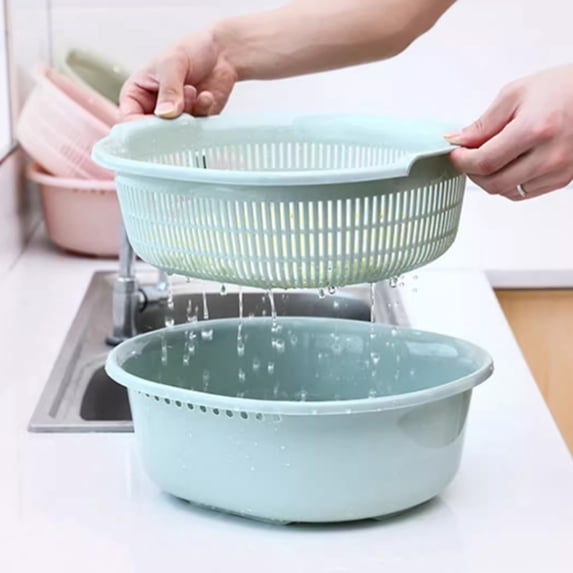 sruoe Draining Basket, 2 In 1 Container with Draining Basket, Fruit Vegetable Wash Basket, Kitchen Double Layered Drain Basket Bowl Washing Colander, Basket for Hosehold, Living Room, Plastic