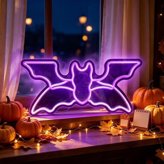sruoe Halloween Bat Neon Sign, Acrylic Wall Light, Halloween Ambient Decor, Halloween Lighting Ornament for Bedroom Window Party Wall