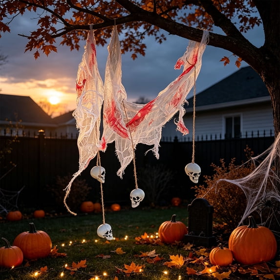 sruoe Halloween Bloody Tattered Gauze Hanging Prop, Skull Hanging Ornament, Halloween Scene Decor, Halloween Creepy Gauze for Tree Yard Corridor