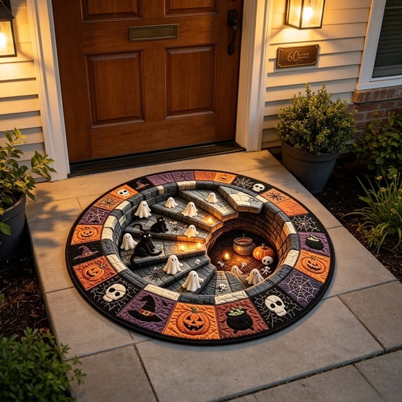 sruoe Halloween Creepy Visual Effect Round Floor Rug, Ghost Printed Polyester Doormat, Halloween Room Decor for Indoor Home Layout, Holiday Party