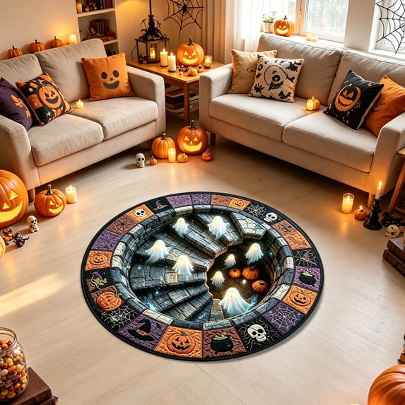 sruoe Halloween Creepy Visual Effect Round Floor Rug, Ghost Printed Polyester Doormat, Halloween Room Decor for Indoor Home Layout, Holiday Party