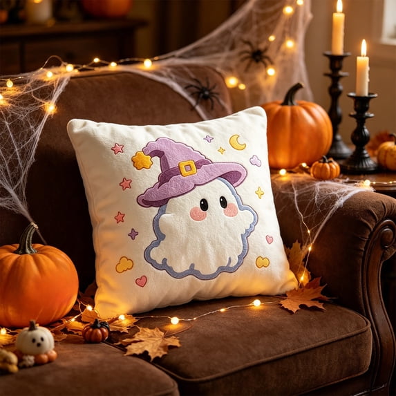 sruoe Halloween Cute Ghost Plush Throw Pillow Cover 17.71in, Halloween Square Cushion Case, Cute Halloween Decor for Sofa, Bedroom, Indoor Home Layout