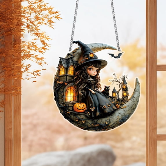 sruoe Halloween Decoration, Halloween Hanging Decorations, Window Decor, Acrylic Witch Pendant, Venue Layout Props Hanging Ghosts, Hanging Pendant for Party Home Decorations