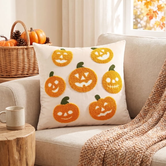 sruoe Halloween Fall Pumpkin Applique Lumbar Pillow Cover, 17.71in Halloween Pillow Covers, Indoor Halloween Decor for Sofa, Bed, Window Bench Layout