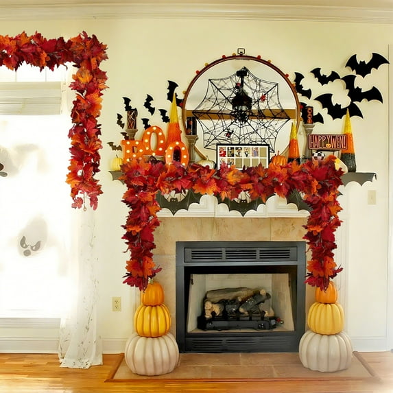 sruoe Halloween Garland, Artificial Garland Rattan, Artificial Maple Leaf Vine, Hanging Maple Leaf Garland, Fall Leaves for Autumn Home Decoration, Home Halloween Christmas Party Fireplace Decoration