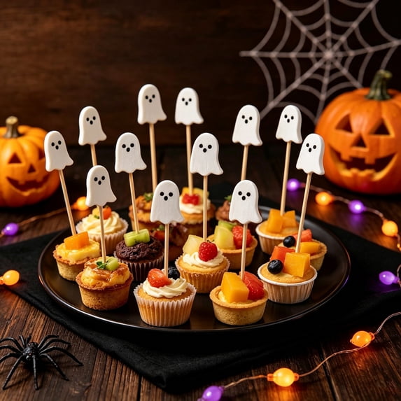 sruoe Halloween Ghost Wooden Food Picks, Dessert Cupcake Topper, Halloween Party Decor, Halloween Food Decor for Dessert Table Buffet Gathering