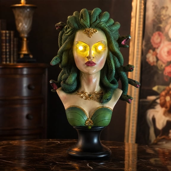 sruoe Halloween Light‑Up Gorgon Bust Statue, Mythology Tabletop Ornament, Halloween Spooky Accent, Halloween Gothic Vibe Decor for Mantel Shelf Entryway Desk