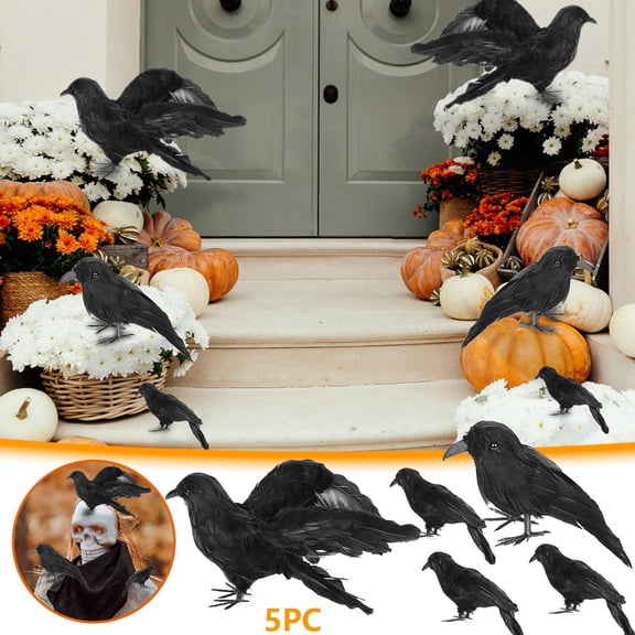 sruoe Halloween Ornaments, 5pc Simulation Crow Decoration All Saints Crow Props Simulation Party Supplies Decoration, Halloween Tabletop Decorations for Party Home Decoration