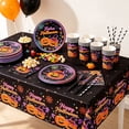 thumbnail image 1 of sruoe Halloween Party Tableware Set For 10 Guests Neon Pumpkin Decor Tablecloth Disposable Utensils Straws Paper Plates Cups Napkins Holiday Supplies, 1 of 6