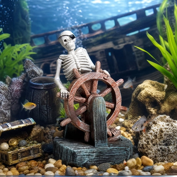 sruoe Halloween Pirate Skeleton Aquarium Ornament, Halloween Ornaments, Aquarium Landscaping Decor for Freshwater Tank, Saltwater Fish Tank Layout